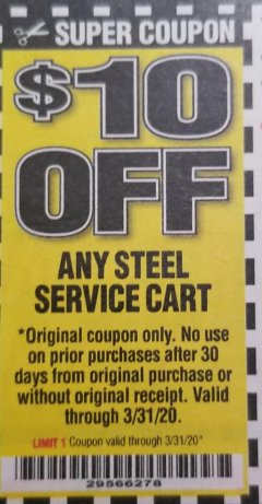 Harbor Freight PERCENT Coupon U.S. GENERAL 36 IN. X 24 IN. 2-SHELF STEEL SERVICE CART, BLACK Lot No. 62587/5770 Expired: 3/31/20 - $0