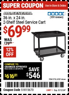 Harbor Freight Coupon U.S. GENERAL 36 IN. X 24 IN. 2-SHELF STEEL SERVICE CART, BLACK Lot No. 62587/5770 Expired: 5/12/24 - $69.99