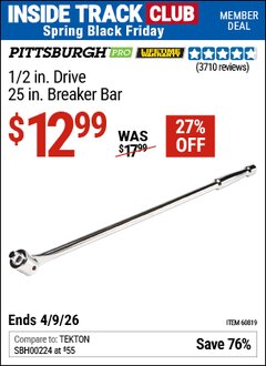 Harbor Freight ITC Coupon PITTSBURGH PRO 1/2 IN. DRIVE, 25 IN. BREAKER BAR Lot No. 60819 Expired: 4/9/26 - $12.99