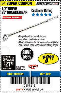 Harbor Freight Coupon PITTSBURGH PRO 1/2 IN. DRIVE, 25 IN. BREAKER BAR Lot No. 60819 Expired: 5/31/18 - $8.99