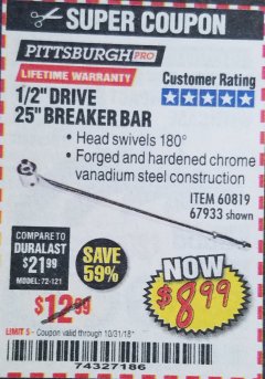 Harbor Freight Coupon PITTSBURGH PRO 1/2 IN. DRIVE, 25 IN. BREAKER BAR Lot No. 60819 Expired: 10/31/18 - $8.99