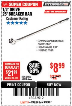 Harbor Freight Coupon PITTSBURGH PRO 1/2 IN. DRIVE, 25 IN. BREAKER BAR Lot No. 60819 Expired: 9/9/18 - $8.99