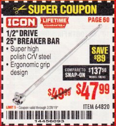 Harbor Freight Coupon ICON 1/2" DRIVE 25" BREAKER BAR Lot No. 64820 Expired: 2/28/19 - $47.99
