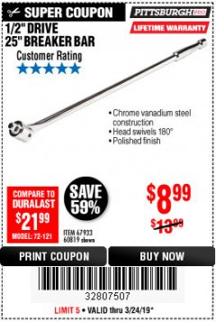 Harbor Freight Coupon PITTSBURGH PRO 1/2 IN. DRIVE, 25 IN. BREAKER BAR Lot No. 60819 Expired: 3/24/19 - $8.99