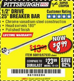 Harbor Freight Coupon PITTSBURGH PRO 1/2 IN. DRIVE, 25 IN. BREAKER BAR Lot No. 60819 Expired: 8/5/19 - $8.99