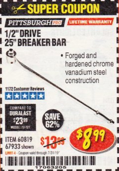 Harbor Freight Coupon PITTSBURGH PRO 1/2 IN. DRIVE, 25 IN. BREAKER BAR Lot No. 60819 Expired: 7/31/19 - $8.99