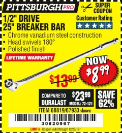 Harbor Freight Coupon PITTSBURGH PRO 1/2" DRIVE 25" BREAKER BAR Lot No. 67933/60819 Expired: 12/14/19 - $8.99