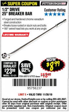 Harbor Freight Coupon PITTSBURGH PRO 1/2" DRIVE 25" BREAKER BAR Lot No. 67933/60819 Expired: 11/30/19 - $8.99