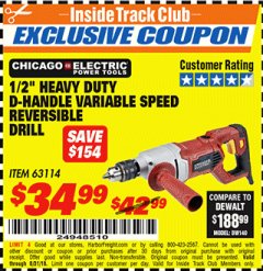 Harbor Freight ITC Coupon 1/2" HEAVY DUTY D-HANDLE VARIABLE SPEED DRILL Lot No. 69453/63114 Expired: 8/31/18 - $34.99
