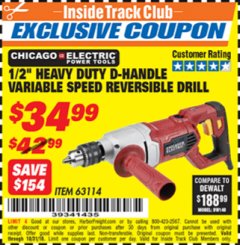Harbor Freight ITC Coupon 1/2" HEAVY DUTY D-HANDLE VARIABLE SPEED DRILL Lot No. 69453/63114 Expired: 10/31/18 - $34.99