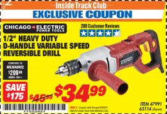 Harbor Freight ITC Coupon 1/2" HEAVY DUTY D-HANDLE VARIABLE SPEED DRILL Lot No. 69453/63114 Expired: 6/30/20 - $34.99