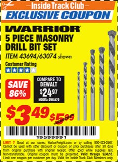 Harbor Freight ITC Coupon 5 PIECE MASONRY DRILL BIT SET Lot No. 63074/43694 Expired: 9/30/18 - $3.49