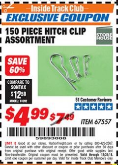 Harbor Freight ITC Coupon 150 PIECE HITCH CLIP ASSORTMENT Lot No. 67557 Expired: 12/31/18 - $4.99