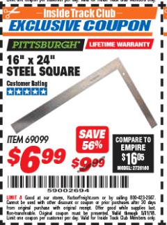 Harbor Freight ITC Coupon 16" X 24" STEEL SQUARE Lot No. 69099 Expired: 5/31/18 - $6.99