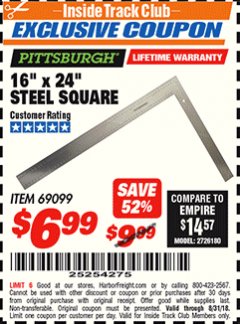 Harbor Freight ITC Coupon 16" X 24" STEEL SQUARE Lot No. 69099 Expired: 8/31/18 - $6.99