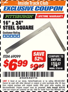 Harbor Freight ITC Coupon 16" X 24" STEEL SQUARE Lot No. 69099 Expired: 8/31/18 - $6.99