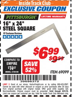 Harbor Freight ITC Coupon 16" X 24" STEEL SQUARE Lot No. 69099 Expired: 8/31/19 - $6.99