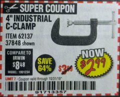 Harbor Freight Coupon 4" INDUSTRIAL C-CLAMP Lot No. 62137 Expired: 10/31/18 - $2.99