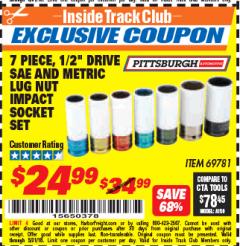Harbor Freight ITC Coupon 7 PIECE, 1/2" DRIVE SAE AND METRIC LUG NUT IMPACT DRIVE SOCKETS Lot No. 69781 Expired: 5/31/18 - $24.99