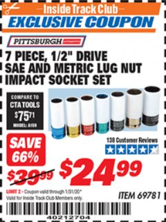 Harbor Freight ITC Coupon 7 PIECE, 1/2" DRIVE SAE AND METRIC LUG NUT IMPACT DRIVE SOCKETS Lot No. 69781 Expired: 1/31/20 - $24.99