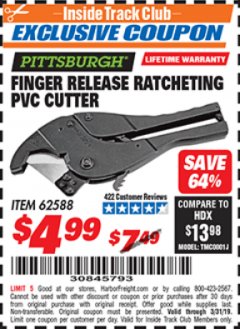 Harbor Freight ITC Coupon FINGER RELEASE RATCHETING PVC CUTTER Lot No. 62588 Expired: 3/31/19 - $4.99