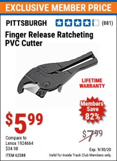 Harbor Freight ITC Coupon FINGER RELEASE RATCHETING PVC CUTTER Lot No. 62588 Expired: 9/30/20 - $5.99