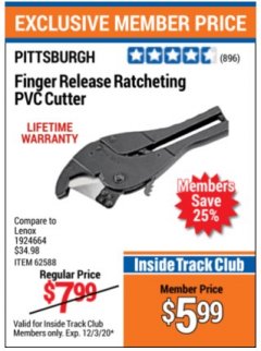 Harbor Freight ITC Coupon FINGER RELEASE RATCHETING PVC CUTTER Lot No. 62588 Expired: 12/3/20 - $5.99