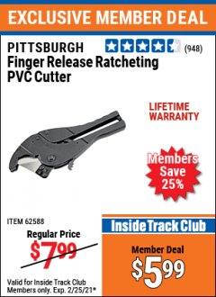 Harbor Freight ITC Coupon FINGER RELEASE RATCHETING PVC CUTTER Lot No. 62588 Expired: 2/25/21 - $5.99
