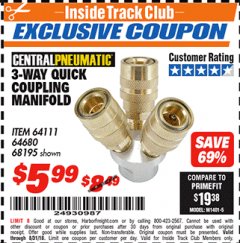 Harbor Freight ITC Coupon 3-WAY QUICK COUPLING MANIFOLD Lot No. 68195 Expired: 8/31/18 - $5.99