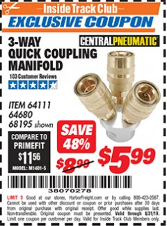 Harbor Freight ITC Coupon 3-WAY QUICK COUPLING MANIFOLD Lot No. 68195 Expired: 8/31/19 - $5.99