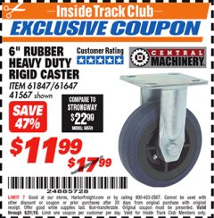 Harbor Freight ITC Coupon 6" RUBBER HEAVY DUTY RIGID CASTER Lot No. 61647 Expired: 8/31/18 - $11.99