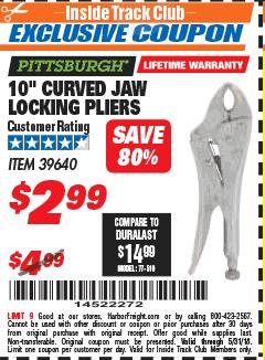 Harbor Freight ITC Coupon 10" CURVED JAW LOCKING PLIERS Lot No. 39640 Expired: 5/31/18 - $2.99