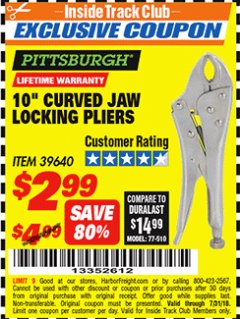 Harbor Freight ITC Coupon 10" CURVED JAW LOCKING PLIERS Lot No. 39640 Expired: 7/31/18 - $2.99