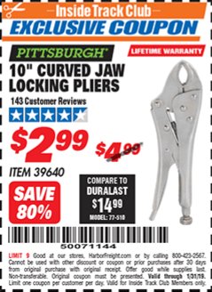 Harbor Freight ITC Coupon 10" CURVED JAW LOCKING PLIERS Lot No. 39640 Expired: 1/31/19 - $2.99