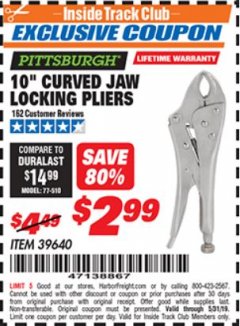 Harbor Freight ITC Coupon 10" CURVED JAW LOCKING PLIERS Lot No. 39640 Expired: 5/31/19 - $2.99