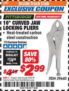 Harbor Freight ITC Coupon 10" CURVED JAW LOCKING PLIERS Lot No. 39640 Expired: 9/30/19 - $2.99