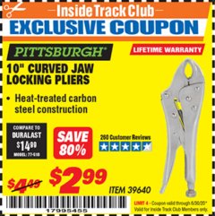 Harbor Freight ITC Coupon 10" CURVED JAW LOCKING PLIERS Lot No. 39640 Expired: 6/30/20 - $2.99