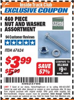 Harbor Freight ITC Coupon STOREHOUSE 460 PIECE NUT AND WASHER ASSORTMENT Lot No. 67624 Expired: 12/31/18 - $3.99