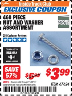 Harbor Freight ITC Coupon STOREHOUSE 460 PIECE NUT AND WASHER ASSORTMENT Lot No. 67624 Expired: 11/30/19 - $3.99