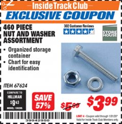 Harbor Freight ITC Coupon STOREHOUSE 460 PIECE NUT AND WASHER ASSORTMENT Lot No. 67624 Expired: 1/31/20 - $3.99