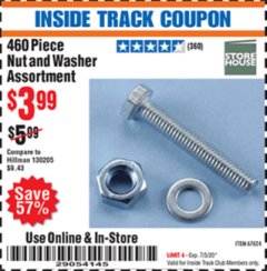 Harbor Freight ITC Coupon 460 PIECE NUT AND WASHER ASSORTMENT Lot No. 67624 Expired: 7/5/20 - $3.99