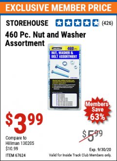 Harbor Freight ITC Coupon STOREHOUSE 460 PIECE NUT AND WASHER ASSORTMENT Lot No. 67624 Expired: 9/30/20 - $3.99
