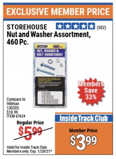 Harbor Freight ITC Coupon 460 PIECE NUT AND WASHER ASSORTMENT Lot No. 67624 Expired: 1/28/21 - $3.99