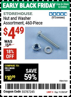 Harbor Freight Coupon STOREHOUSE 460 PIECE NUT AND WASHER ASSORTMENT Lot No. 67624 Expired: 11/28/24 - $4.49