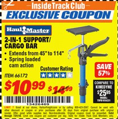 Harbor Freight ITC Coupon HAUL-MASTER 2-IN-1 SUPPORT/CARGO BAR Lot No. 66172 Expired: 7/31/18 - $10.99