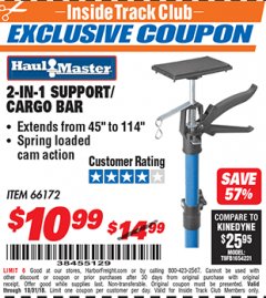 Harbor Freight ITC Coupon HAUL-MASTER 2-IN-1 SUPPORT/CARGO BAR Lot No. 66172 Expired: 10/31/18 - $10.99