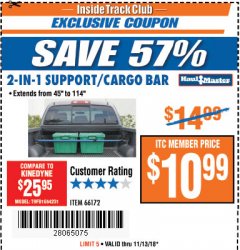 Harbor Freight ITC Coupon HAUL-MASTER 2-IN-1 SUPPORT/CARGO BAR Lot No. 66172 Expired: 11/13/18 - $10.99