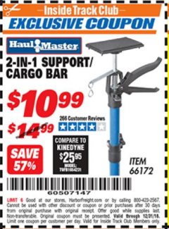 Harbor Freight ITC Coupon HAUL-MASTER 2-IN-1 SUPPORT/CARGO BAR Lot No. 66172 Expired: 12/31/18 - $10.99