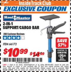 Harbor Freight ITC Coupon HAUL-MASTER 2-IN-1 SUPPORT/CARGO BAR Lot No. 66172 Expired: 2/28/19 - $10.99