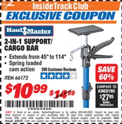 Harbor Freight ITC Coupon 2-IN-1 SUPPORT/CARGO BAR Lot No. 66172 Expired: 4/30/19 - $10.99